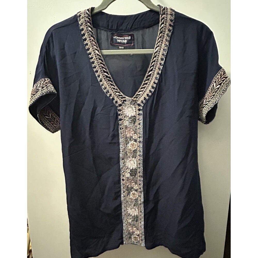 Johnny Was Sz XS Silk Blouse With Velvet Embroidery Blue Boho Artisan Floral Top